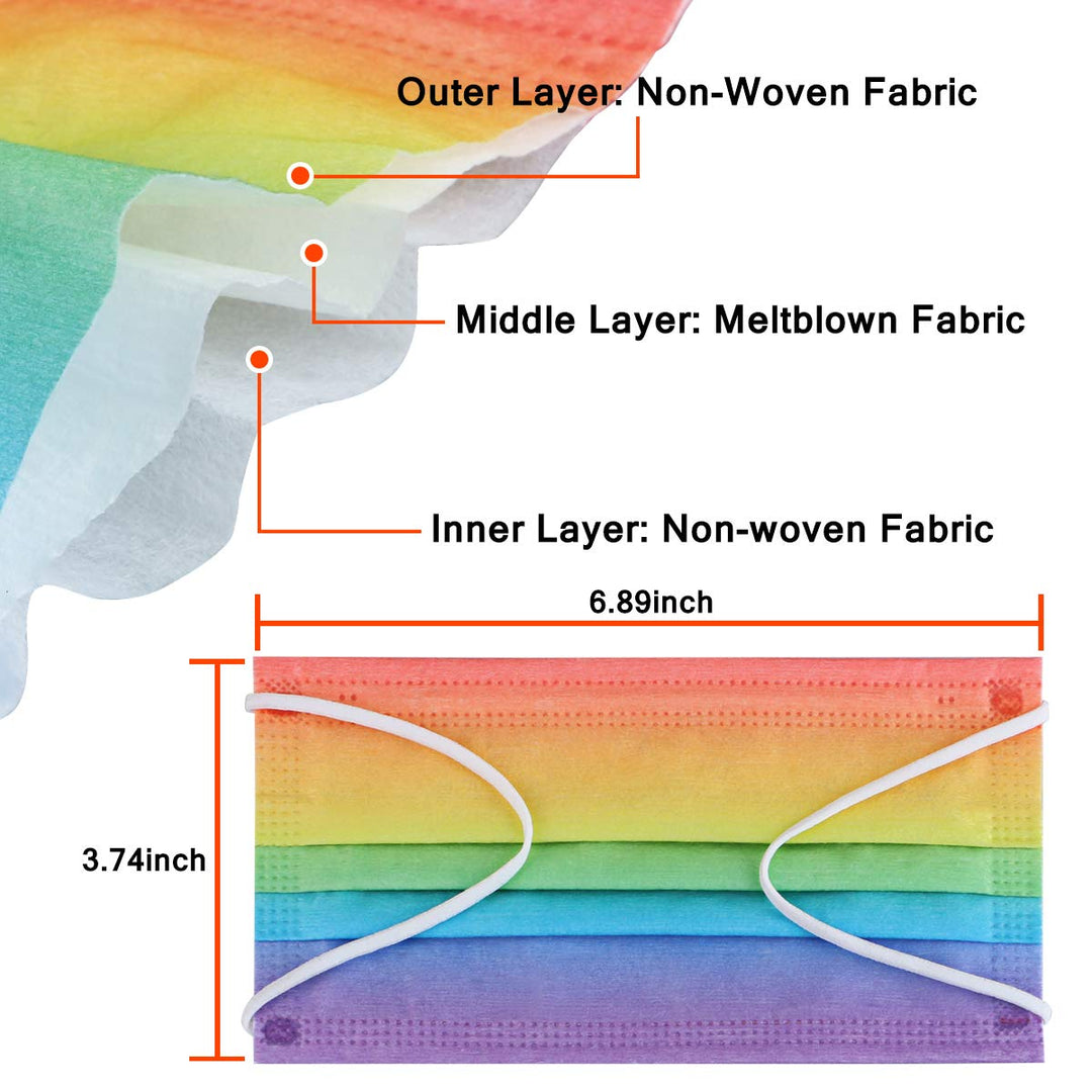 DIOLV 50Pcs Rainbow Printed Disposable Face Masks for A