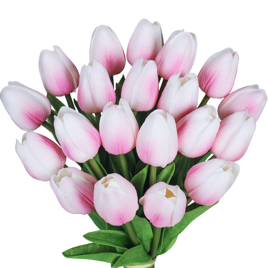 20 Pcs Artificial Pink Tulips Flowers Faux Tulip Stems PU Real Touch Tulips for Easter Spring Wreath Floral Arrangement Centerpiece Wedding Bouquets Baby Shower Decoration 14 Tall