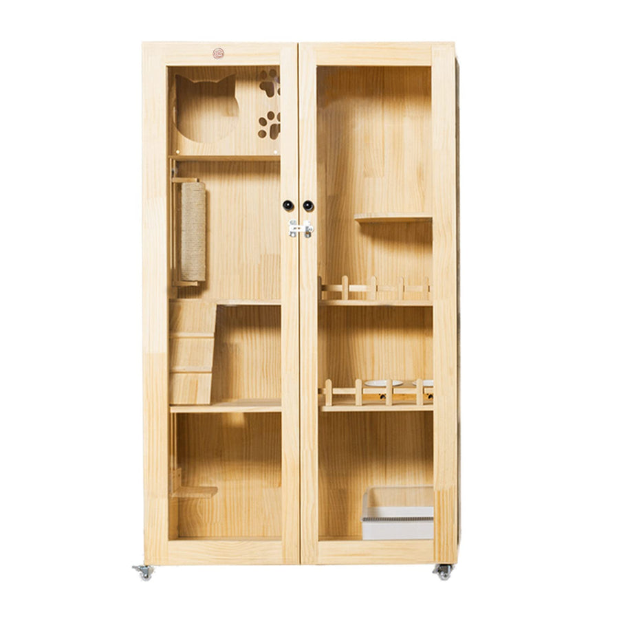 Large Wooden Cat House for Outdoor and Indoor Cats,Luxury Multi-Feature Cat Condo with Cat Scratching Posts 59in Oversized Cat Villa on Wheels