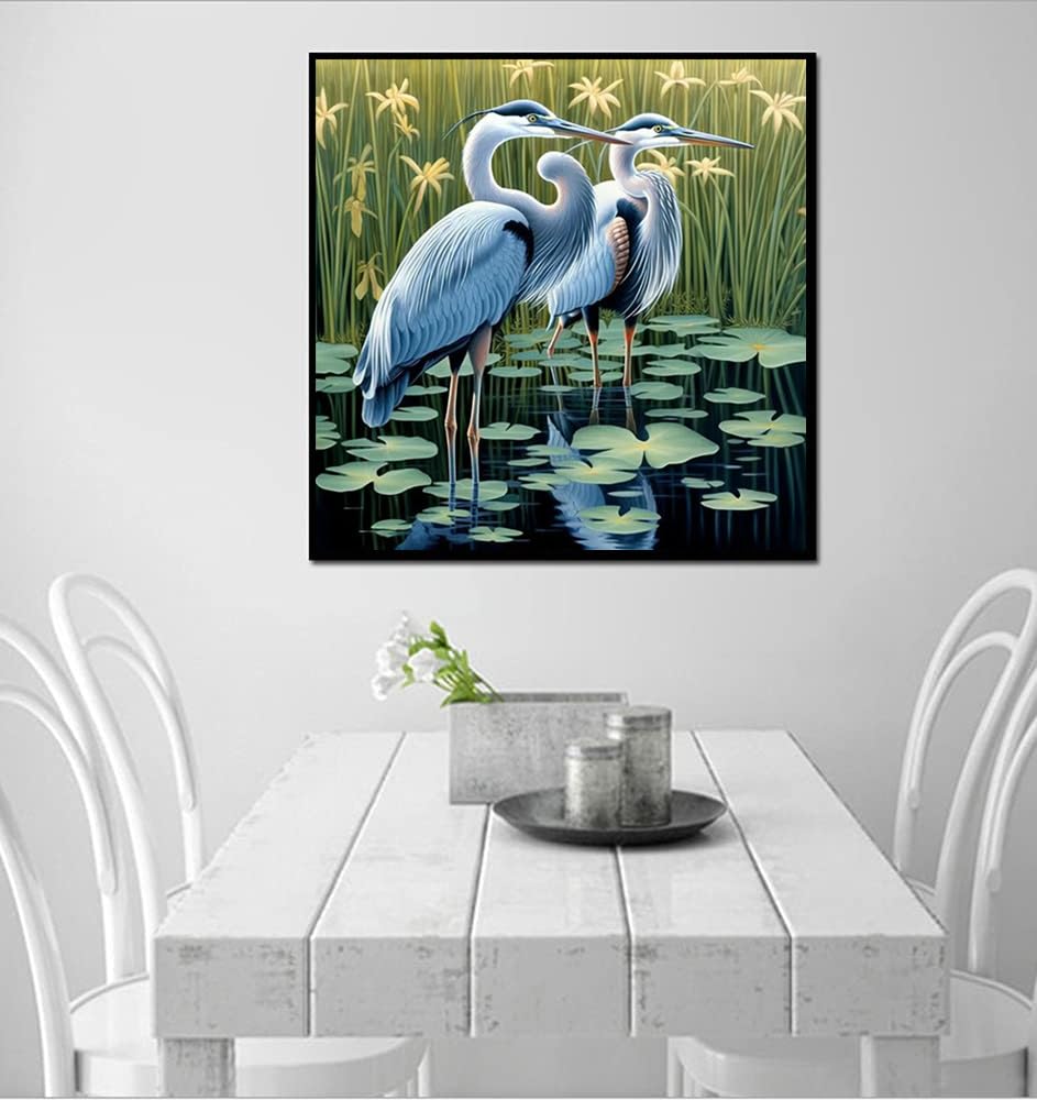 Round Full Drill Diamond Painting Set, 5D DIY Egret Diamond Art Painting by Numbers Bird Diamond Painting Crafts Kit for Adult Animal Lovers Paint with Diamonds for Room Decor (12X12 inches)