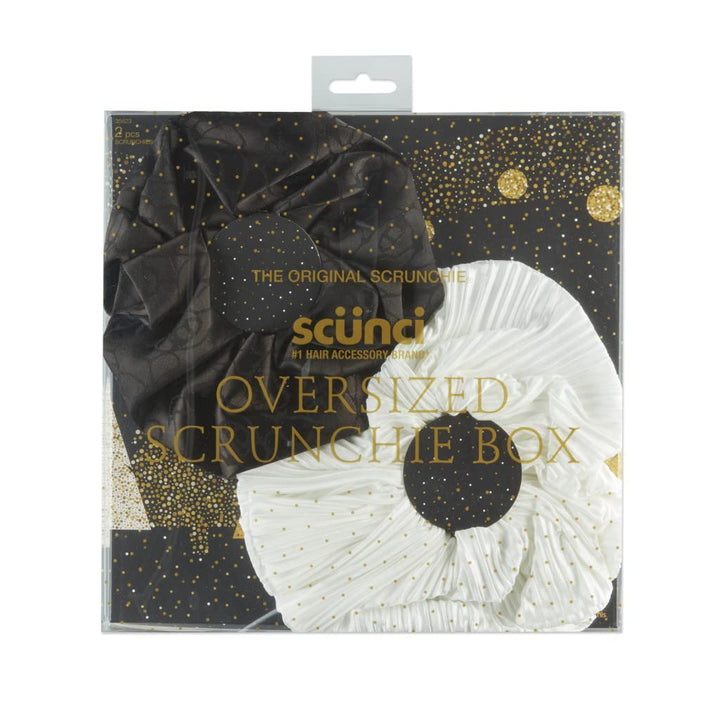 The Original Scrunchie® Jumbo XL Fashion Oversized Fabulous Fabric Gift Box Includes 2 Unique Designs: White Pleated Satin &amp; Luxury Black Jacquard in Acrylic Presentation Box