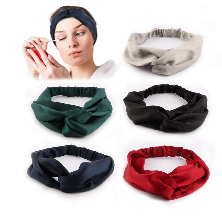 Women Girls Silk Satin Elastic Headbands Head Wrap Turban Twisted Knotted Hairband (Pack of 5)(Multiple colour)