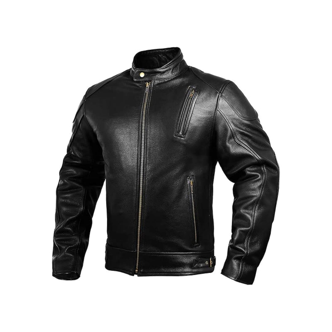 Leather Motorcycle Jacket with Armor for Men, Cafe Racer Genuine Leather Jacket for Weather Resistant Enduro Motocross, Motorbike Riding, Easy Adjust Men&#39;s Motorcycle Jacket, Medium