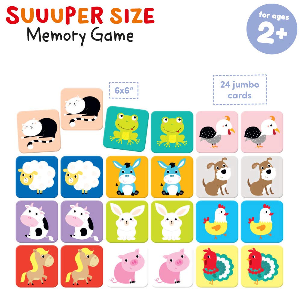 Suuuper Size Memory Matching Kids Game - includes 24 Extra-Large 6” x 6” Cards - Match The Animals or Use as Flashcards - for Toddlers, Boys &amp; Girls, ages 2-4 years