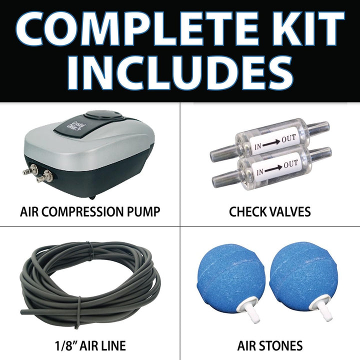 PondAir 2, Complete Aeration Kit, Whisper Quiet Water Garden Oxygenation Bubbler System Adds Oxygen to Koi &amp; Fish Ponds, Outdoor Aerator Compressor Pump, Tubing &amp; 2 Air Submersible Stone