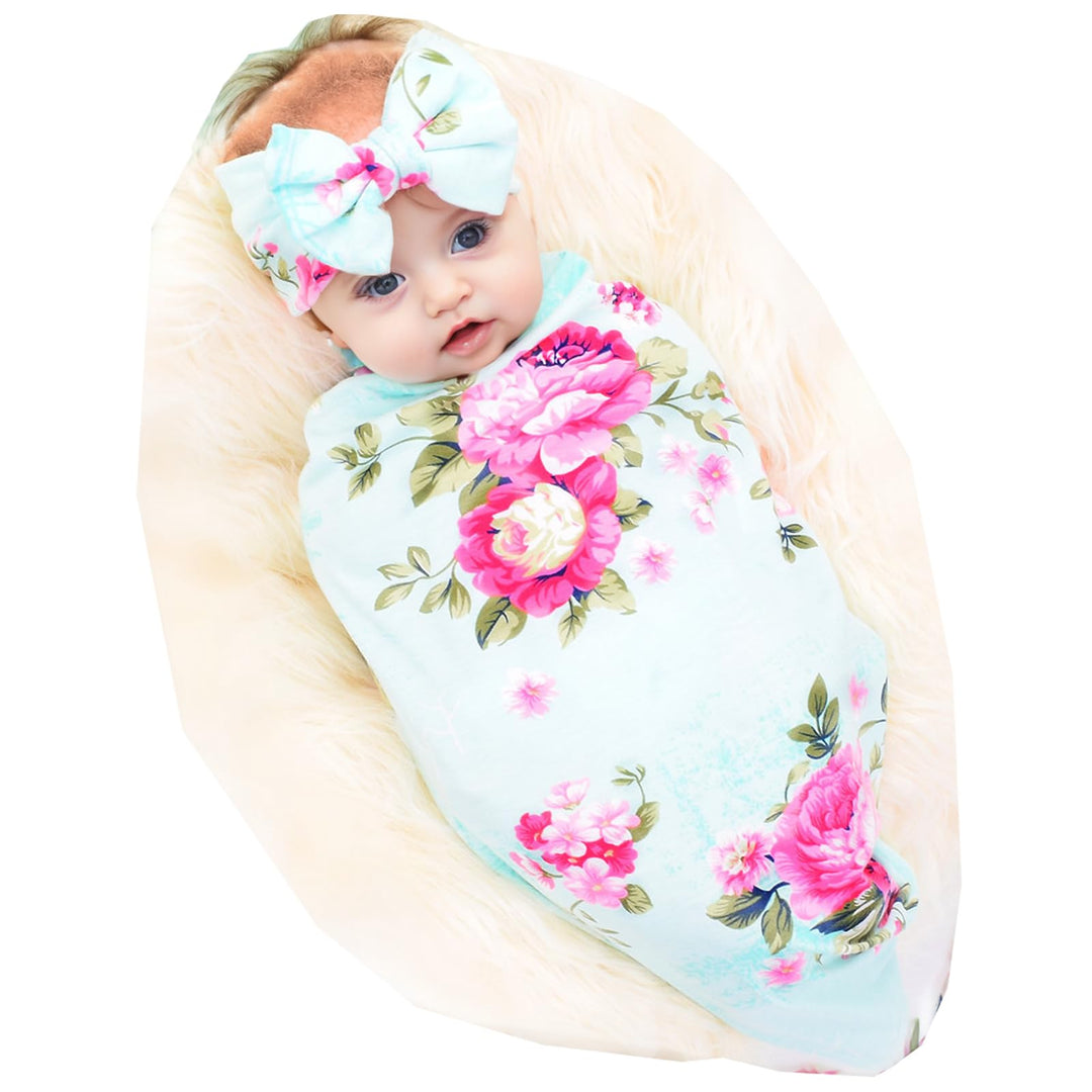 Receiving Blanket Headband Set Flower Print Baby Swaddle Receiving Blankets