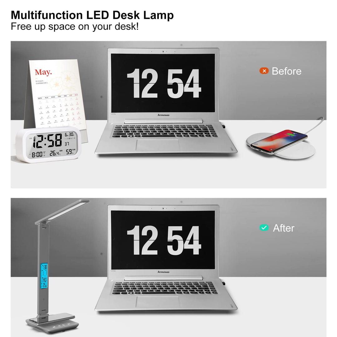 Desk Lamp, LED Desk Lamp with Wireless Charger, USB Charging Port, Table Lamp with Clock, Alarm, Date, Temperature, Office Lamp, Desk Lamps for Home Office, Grey