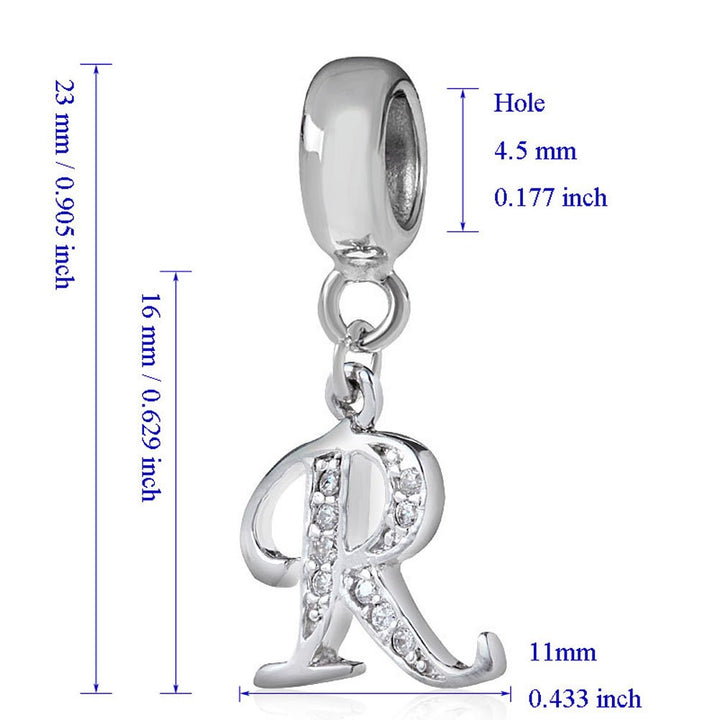 Alphabet Charm Letter Beads Solid 925 Sterling Silver with Cubic Stones, Complete A~Z Gift Options fit Pandora European Bracelets(R)