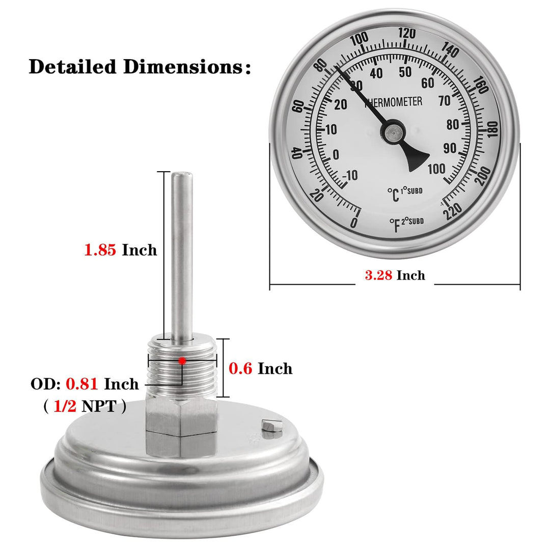3 Dial 2 Probe FERRODAY 1/2 NPT Stainless Steel Thermometer Dial Thermometer 1/2 NPT Homebrew Kettle Thermometer Weldless w/O-Rings 0-220ºF Kettle Thermometer Stainless Steel Brew Pot Thermometer