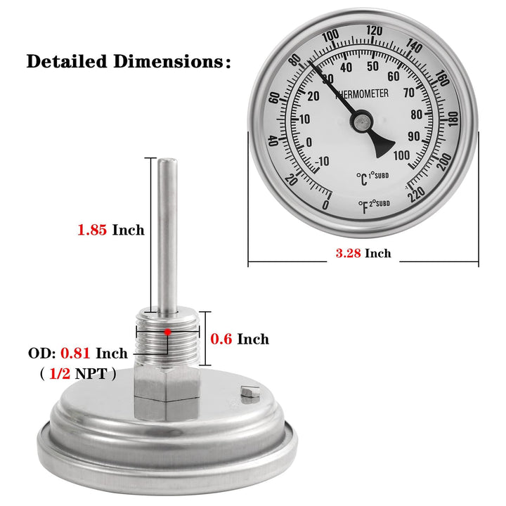 3 Dial 2 Probe FERRODAY 1/2 NPT Stainless Steel Thermometer Dial Thermometer 1/2 NPT Homebrew Kettle Thermometer Weldless w/O-Rings 0-220ºF Kettle Thermometer Stainless Steel Brew Pot Thermometer