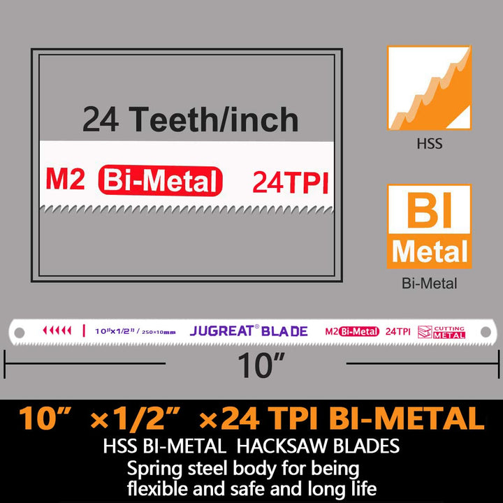 10 Hacksaw Blades Replacement Bi-Metal,Bi-Metal Safe Flex Metal,High Speed Steel -24TPI (10 Pack)