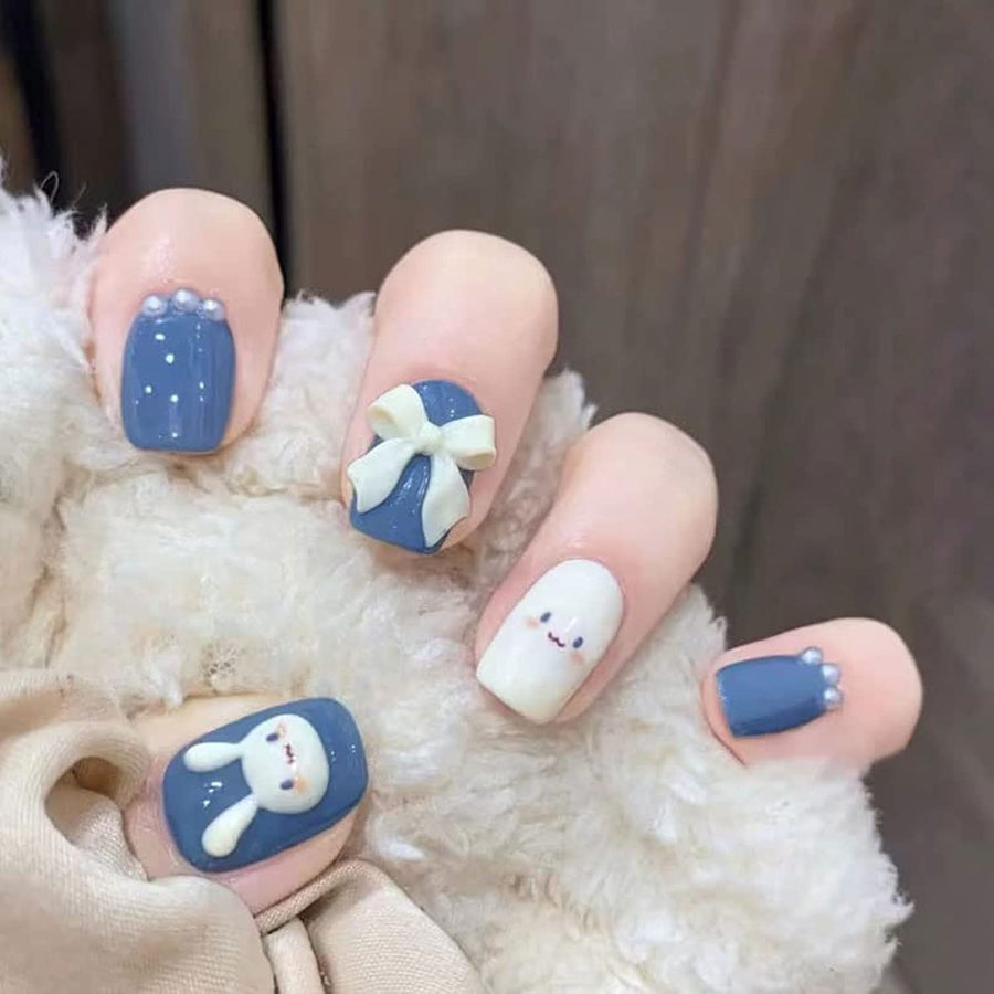 Cute Fake Press on Nails for Women Kid Cute Rabbit Fake Nails Pre-glue Short Full Cover False Nail Tips Stick on Nails Lovely Gift Girls Nail Art Decoration -Blue