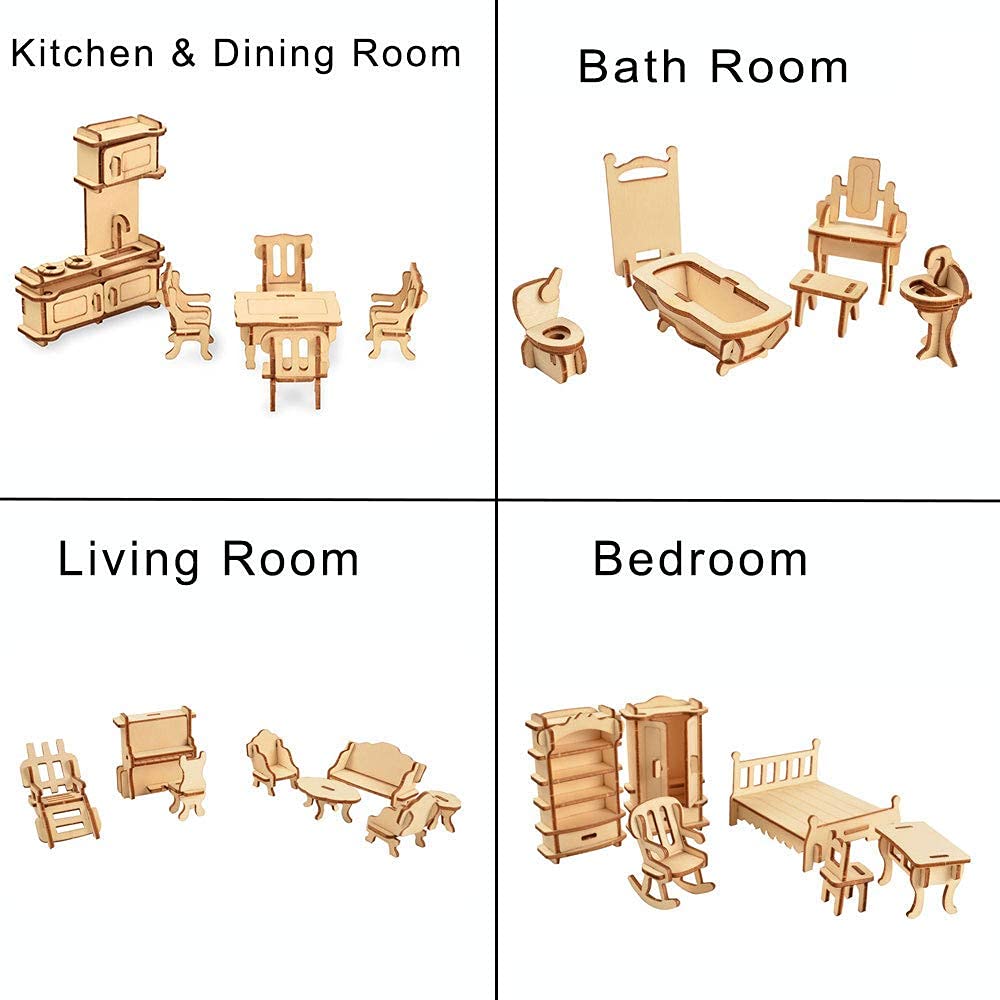 34-Piece Dollhouse Furniture Set - Laser Cut Wooden 3D Puzzles - Miniature Doll House DIY Models and Accessories
