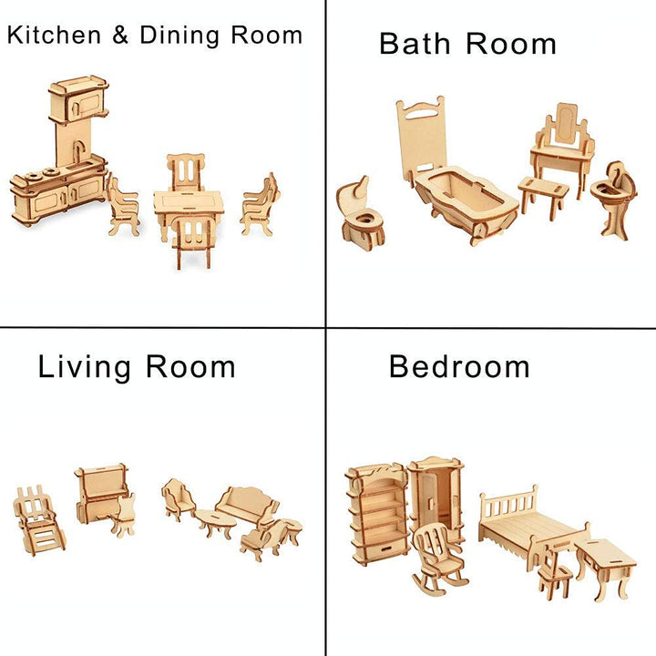 34-Piece Dollhouse Furniture Set - Laser Cut Wooden 3D Puzzles - Miniature Doll House DIY Models and Accessories