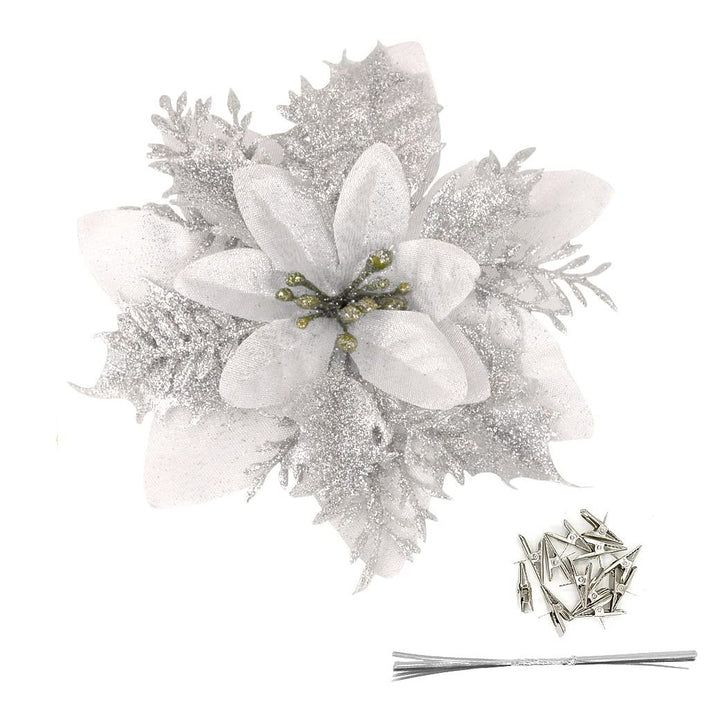 Pack of 12 Silver 5 Inch Glitter Flower Shape Christmas