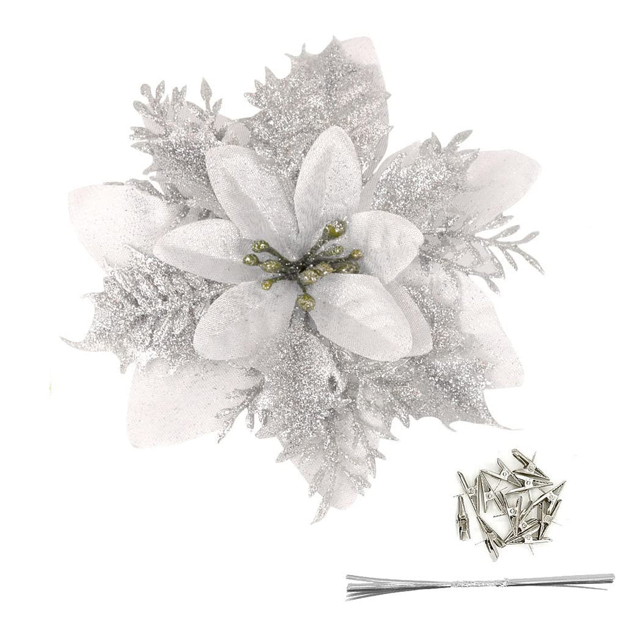 Pack of 12 Silver 5 Inch Glitter Flower Shape Christmas