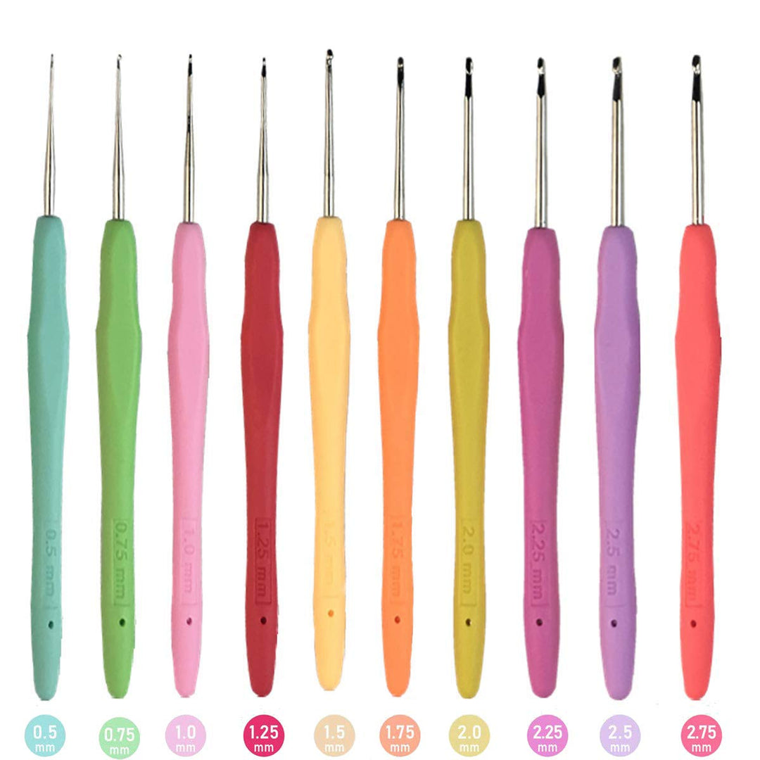 10 Small Sizes Crochet Hooks Set, Lace Crochet Hooks 0.5mm - 2.75mm Ergonomic Soft Grip Handle Crochet Hook Needles Thread Crochet Hooks Yarn Lace Knitting Needles