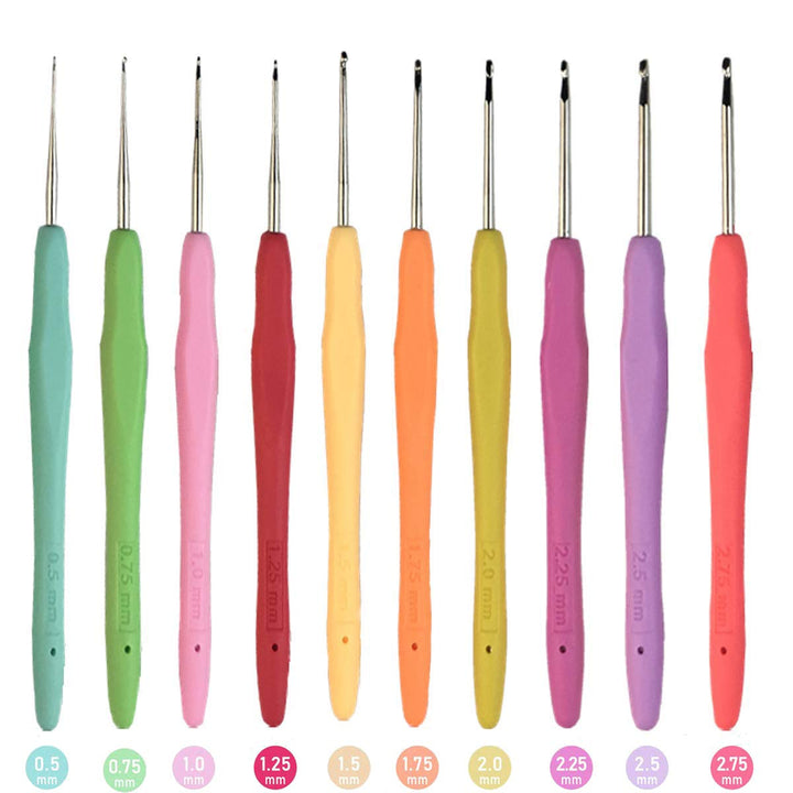 10 Small Sizes Crochet Hooks Set, Lace Crochet Hooks 0.5mm - 2.75mm Ergonomic Soft Grip Handle Crochet Hook Needles Thread Crochet Hooks Yarn Lace Knitting Needles