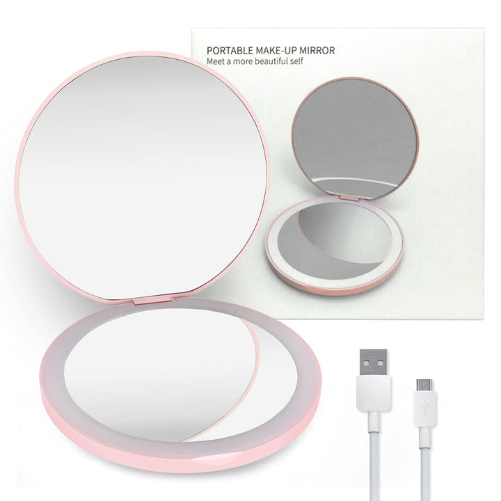 Yiculkw Compact Travel Mirror LED Travel Makeup Mirror, 3.5 inch Rechargeable led Lighted Makeup Mirror, 2X Magnification, Handheld, Double Sided, Portable Folding Mirror for Pocket, Purse, Gift