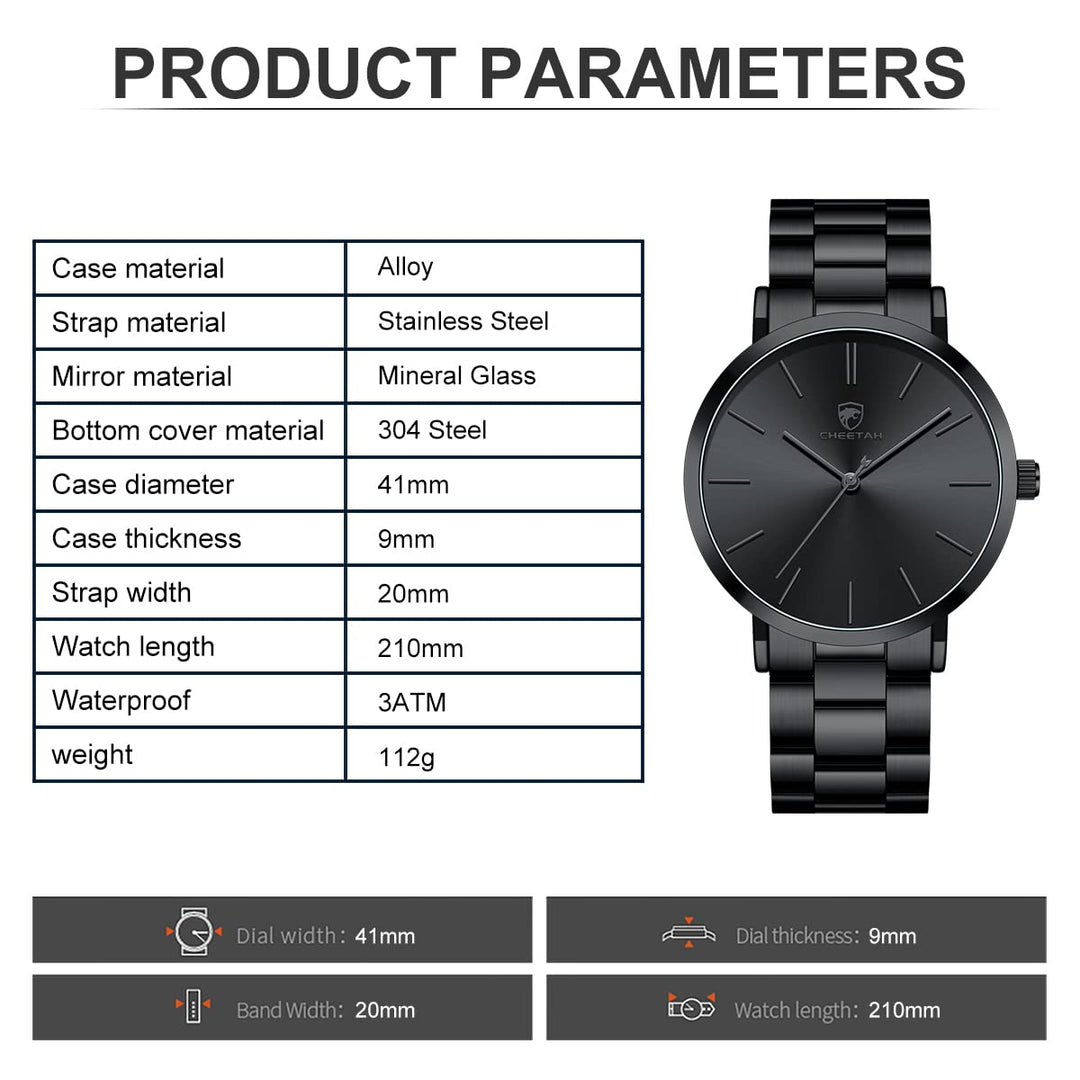 Men&#39;s Watches Slim Minimalist Runway Black Stainless Steel Quartz Analog Watch with Grey Hands