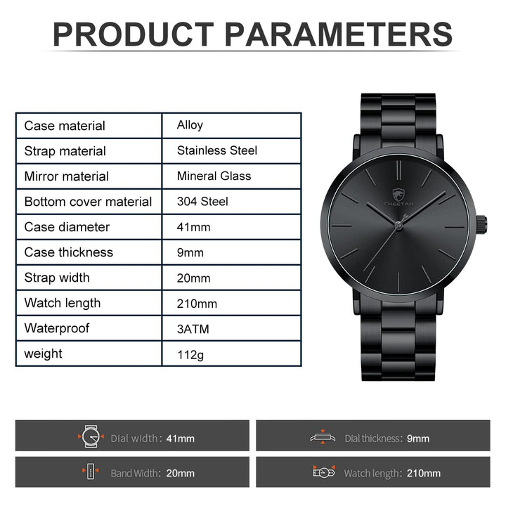 Men&#39;s Watches Slim Minimalist Runway Black Stainless Steel Quartz Analog Watch with Grey Hands