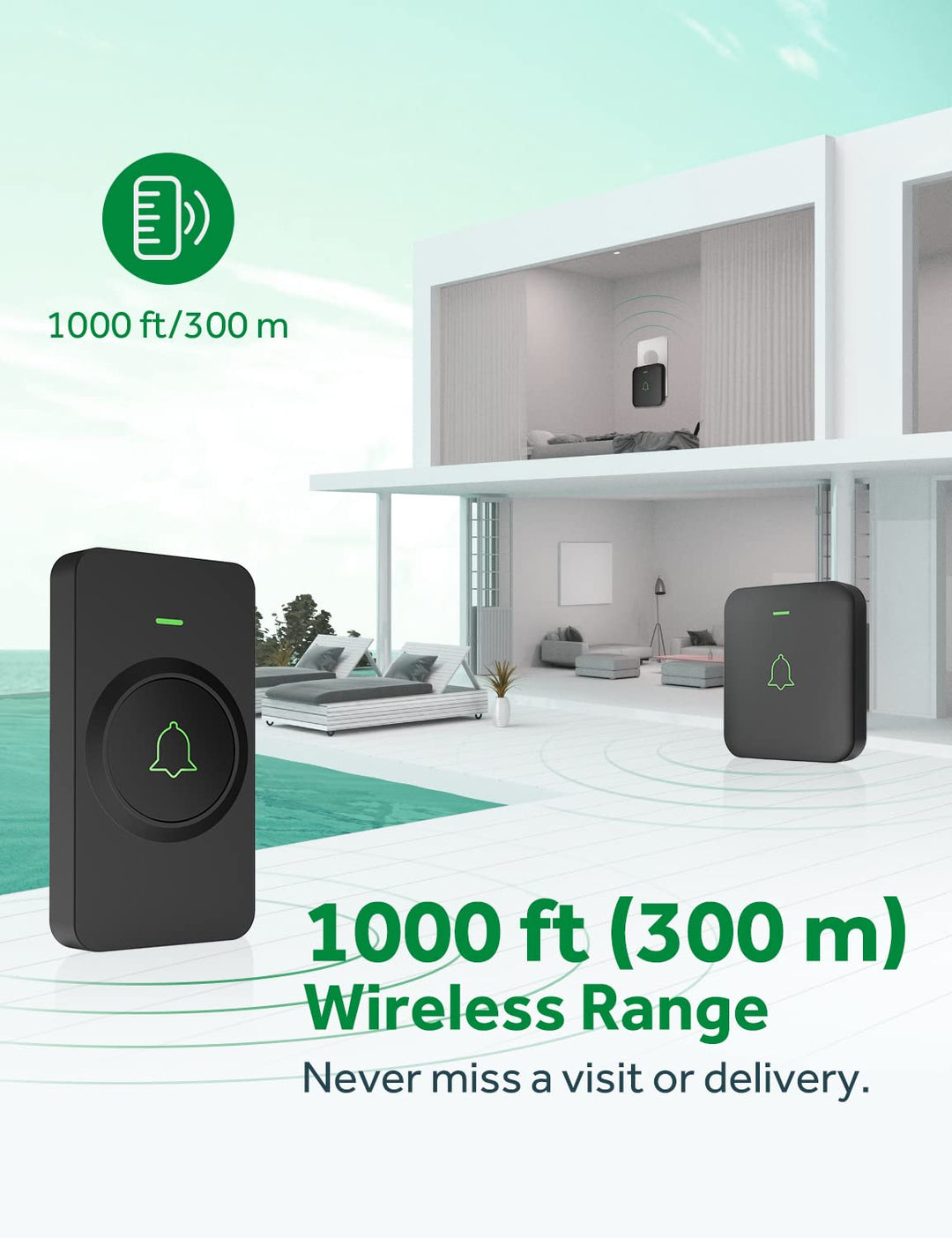 Wireless Door Bell, Mini CB-11 Waterproof Doorbell Chime Operating at 1000 Feet with 52 Melodies, 5 Volume Levels &amp; LED Flash