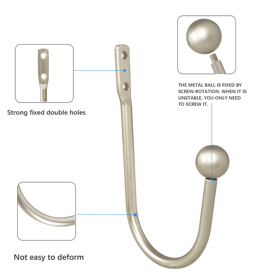Curtain Holdback, 4 Pcs Wall Mounted Drapery Tiebacks with Screws, Heavy Duty Metal Decorative Window Drapery Holder Curtain Hook, Silver
