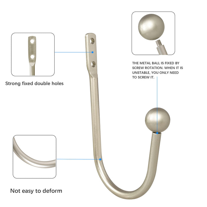 Curtain Holdback, 4 Pcs Wall Mounted Drapery Tiebacks with Screws, Heavy Duty Metal Decorative Window Drapery Holder Curtain Hook, Silver