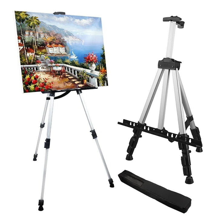 Art Painting Artist Easel Stand,Aluminum Metal Tripod Adjustable Art Easel for Painting Canvases Height from 17 to 66 Inch,Carry Bag for Table-Top/Floor Drawing and Displaying- Silver