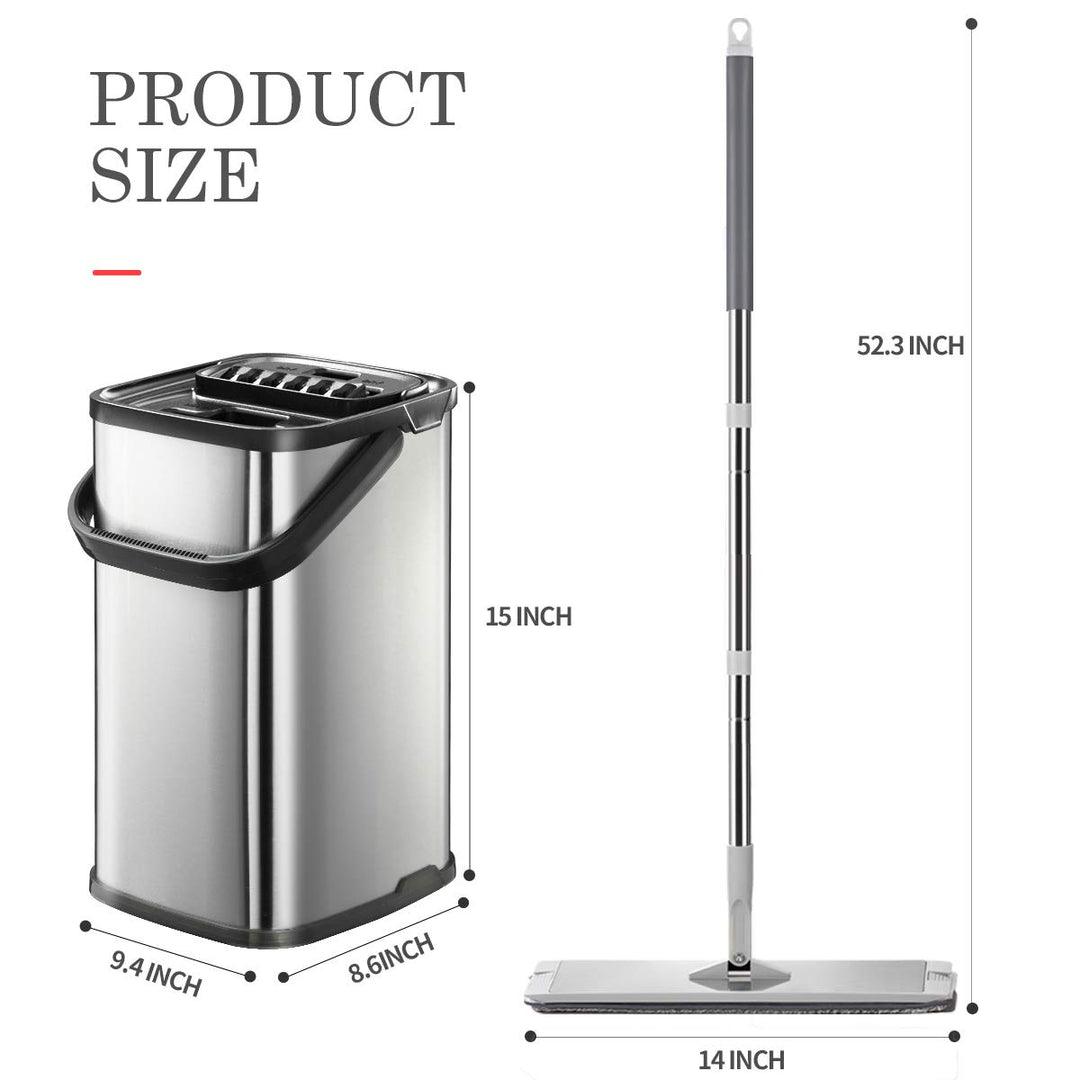 Silver Squeeze Flat Floor Mop and Bucket Set, Stainless Steel Handle Adjustable, 4 Washable &amp; Reusable Microfiber Mop Pads, Professional Commercial Home Mops for Floor Cleaning