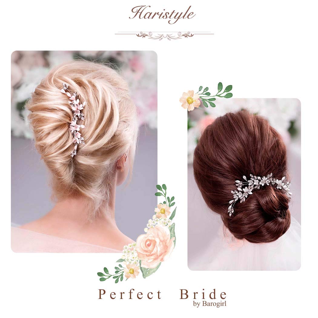 Barogirl Bride White Flower Wedding Hair Pins Clips Rhinestone Silver Bridal Hair Piece Accessories for Women, Set of 3
