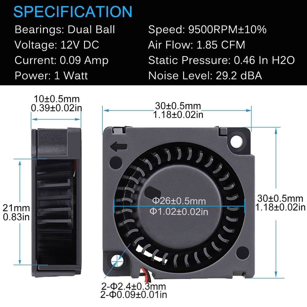 Gdstime 30mm x 30mm x 10mm 12V Mini Brushless Cooling Blower Fan Dual Ball Bearing