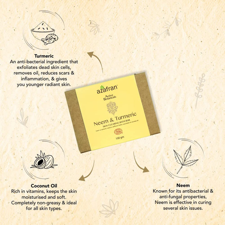 Natural Handmade Neem And Turmeric Skin Clearing Soap Bar for Bathing, Deep Cleansing And Nourishing, With Safflower, Soya Butter And Coconut Oil, All Skin Types, 100g