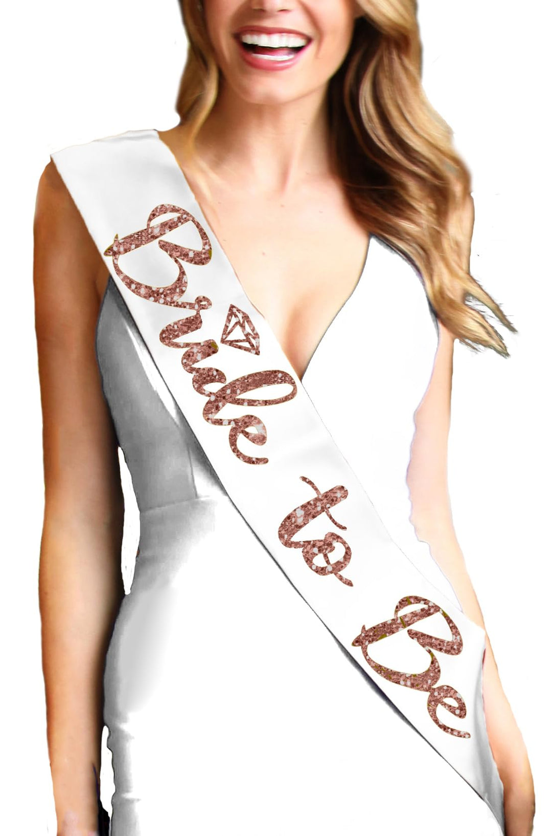 Bride Rose Gold Bridal Sash - Luxe Bridal Grade Satin Bride to Be Glitter with Diamond Motif - Bachelorette Party Decorations - White Satin Sash(BrdDia RsGld) Wht