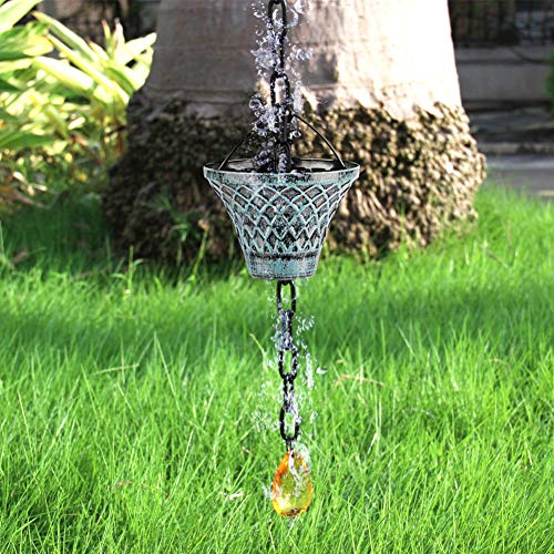 Rain Chains 8.5 Ft, Gutter Downspouts Diverter Outdoor Metal Copper Plaid Rainwater Extensions, 12 Cups