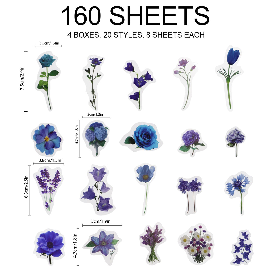 160pcs Flower Plant Stickers, 20 Patterns PET Transparent Decorative Stickers, Flower Scrapbooking Stickers, Floral Washi Stickers for Craft Album Journal, Style A
