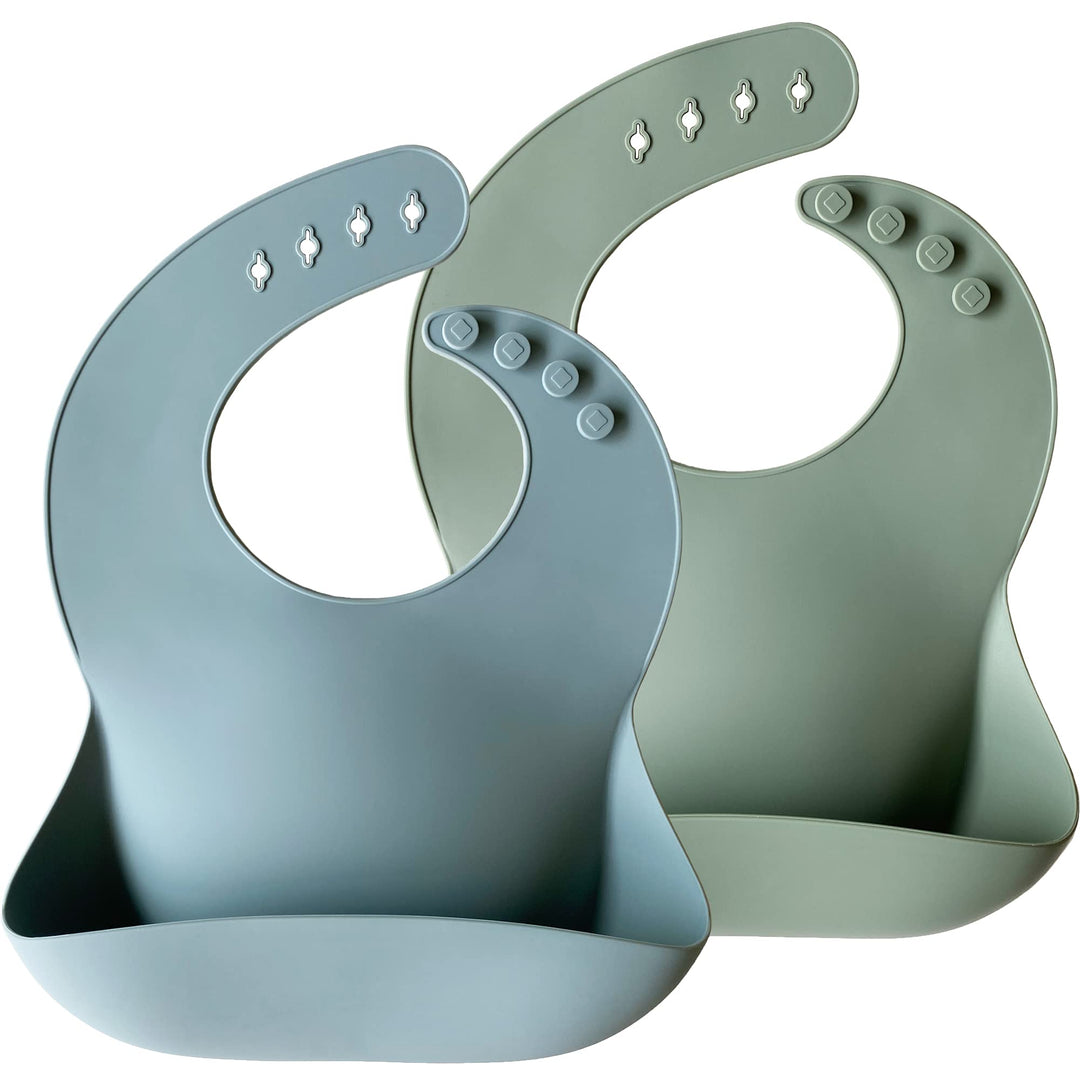 Silicone Baby Bibs Set Of 2, BPA Free Soft Adjustable Fit Waterproof Feeding Bibs for Babies and Toddlers(Ether/Sage)