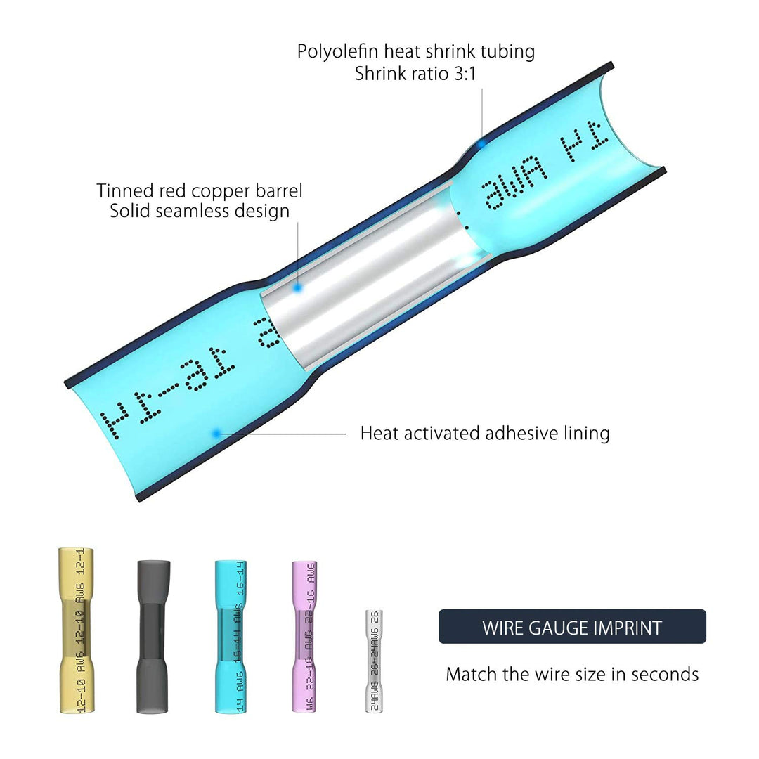 Heat Shrink Butt Wire Connectors, 100Pcs 22-14 AWG Blue Insulated Waterproof Electrical Wire Connectors Automotive Marine Grade Wire Crimp Terminals Butt Splices, Ideal for Boat, Truck, Stereo Blue