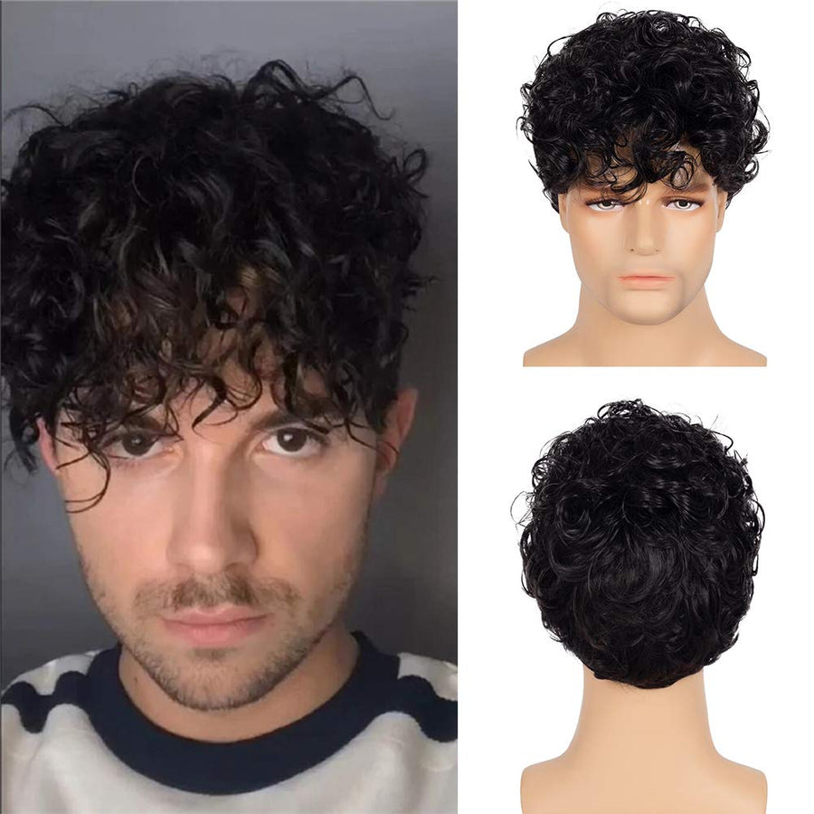 Short Curly Mens Black Wig Fluffy Synthetic Cosplay Halloween Hair Wig for Male Guy