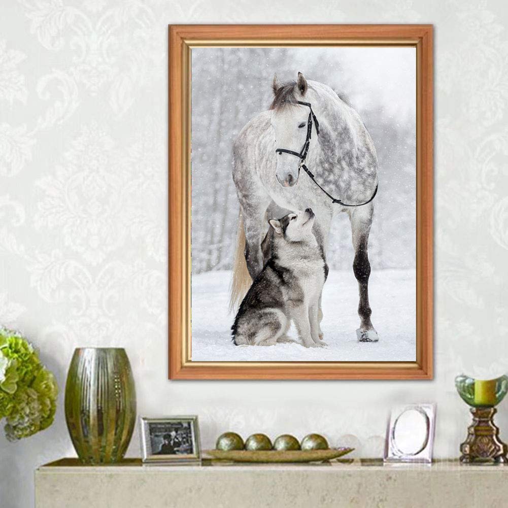 Diamond Painting Kits for Adults, DIY Snow White Horse and Cute Dog Diamond Painting Full 5D Diamond Art Kits Horse Dog Rhinestone Picture Art Craft for Home Wall Decor,11.8X 17.7inch