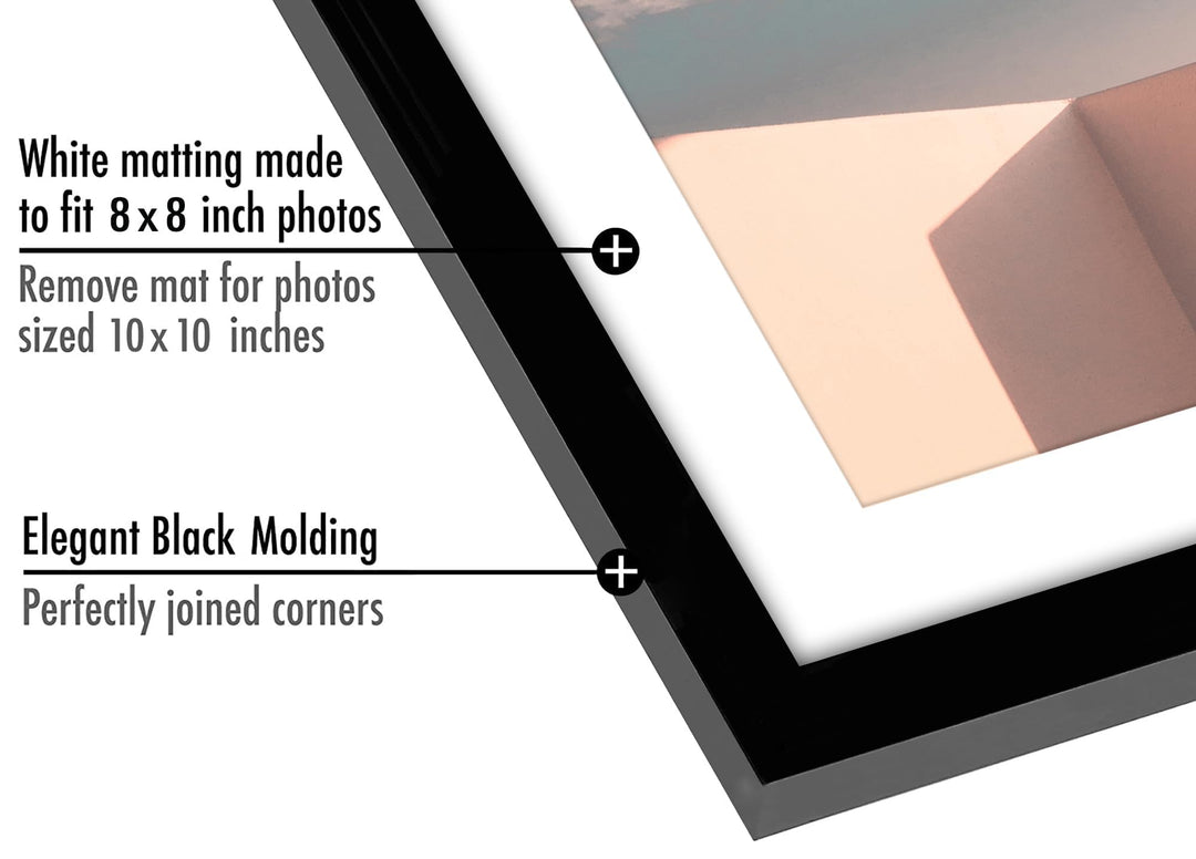 10x10 Picture Frame with Shatter-Resistant Glass - Use as 8x8 Frame with Mat or 10x10 Frame Without Mat - Streamline Collection - Thin Picture Frame for Tabletop and Wall Display - Black