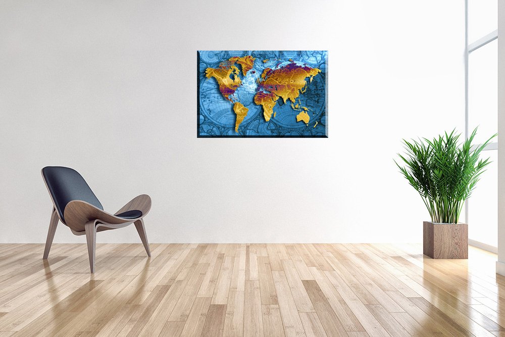 World Map Wall Art for Living Room, PIY Old Nautical Canvas Prints Decor, Retro Painting Home Decorations (Large, 1 Thick Frame, Waterproof Artwork, Bracket Mounted Ready to Hang)