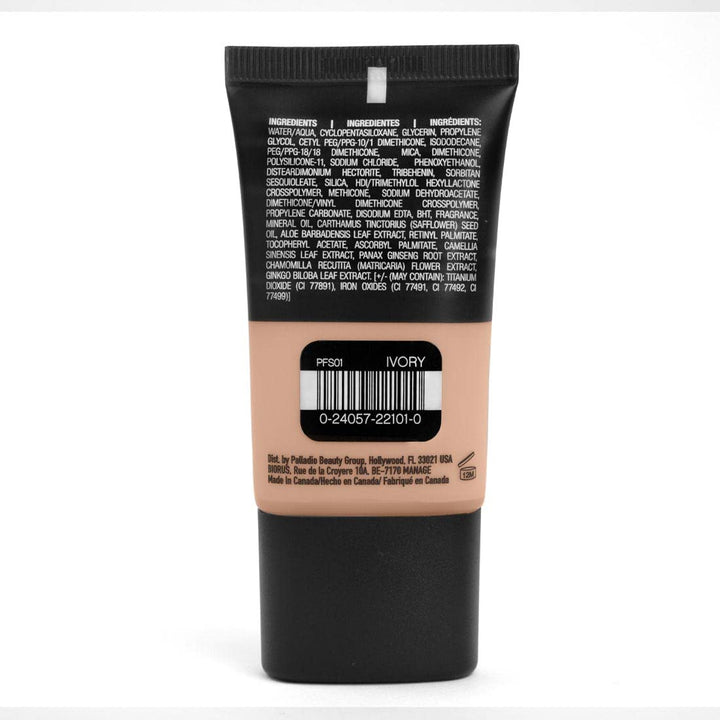 Powder Finish Liquid Foundation, Natural Matte Appearance, Reduces Fine Lines, Covers Large Pores, Hides Imperfections, All Day Wear, Sheer to Medium Coverage, Ivory