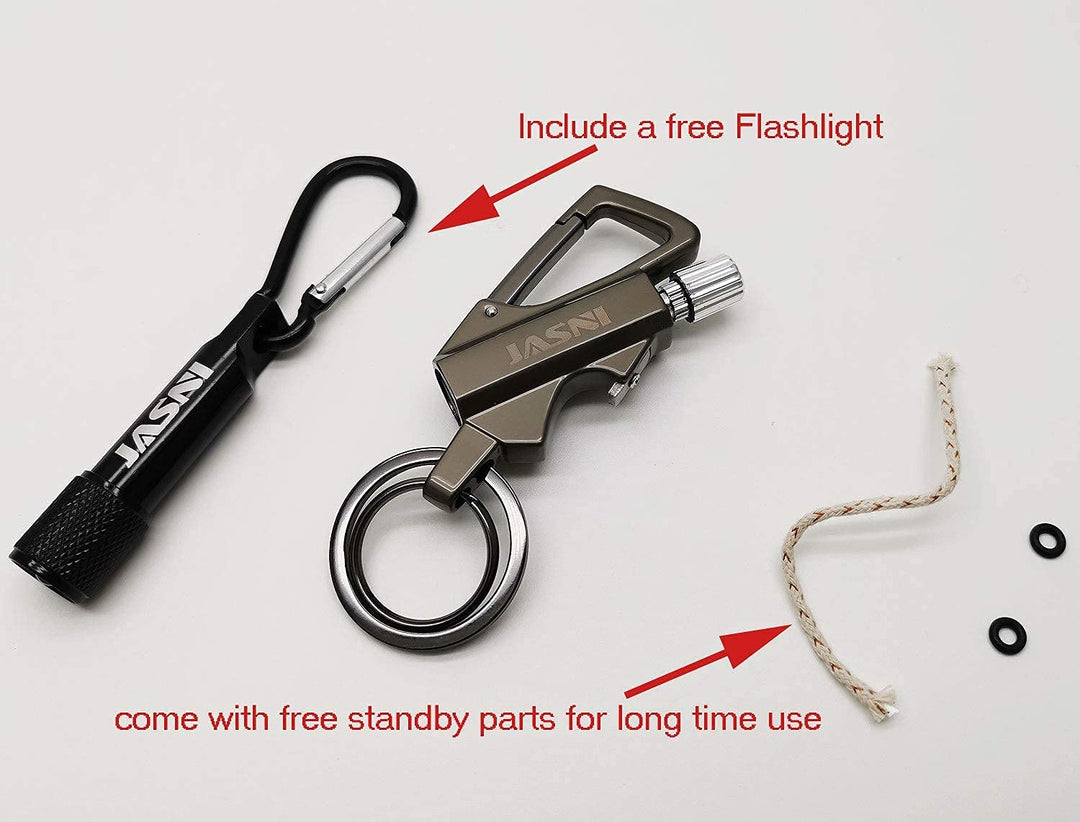 Keychain Multitool with Flint Metal Matchstick Fire Starter Bottle Opener Mountaineering Buckle Mini Flashlight Car Key Rings Kerosene Refillable Lighter EDC Gift Ideas Emergency