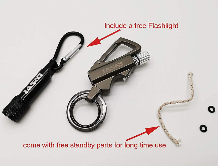 Keychain Multitool with Flint Metal Matchstick Fire Starter Bottle Opener Mountaineering Buckle Mini Flashlight Car Key Rings Kerosene Refillable Lighter EDC Gift Ideas Emergency