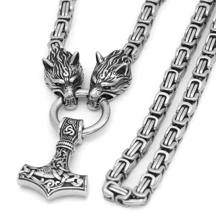 Men Stainless Steel Wolf Head Norse Viking Amulet Thor Mjolnir Necklace King Chain with Valknut Gift Bag (23 INCH)