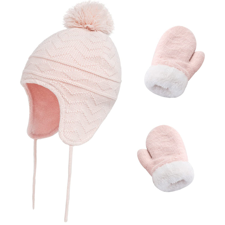 Toddler Winter Hat with Mittens Set - Baby Kids Warm Fleece Knit Beanie Hat &amp; Thick Gloves Skiing Cap for Girls(Pink, S/1-3 Years)