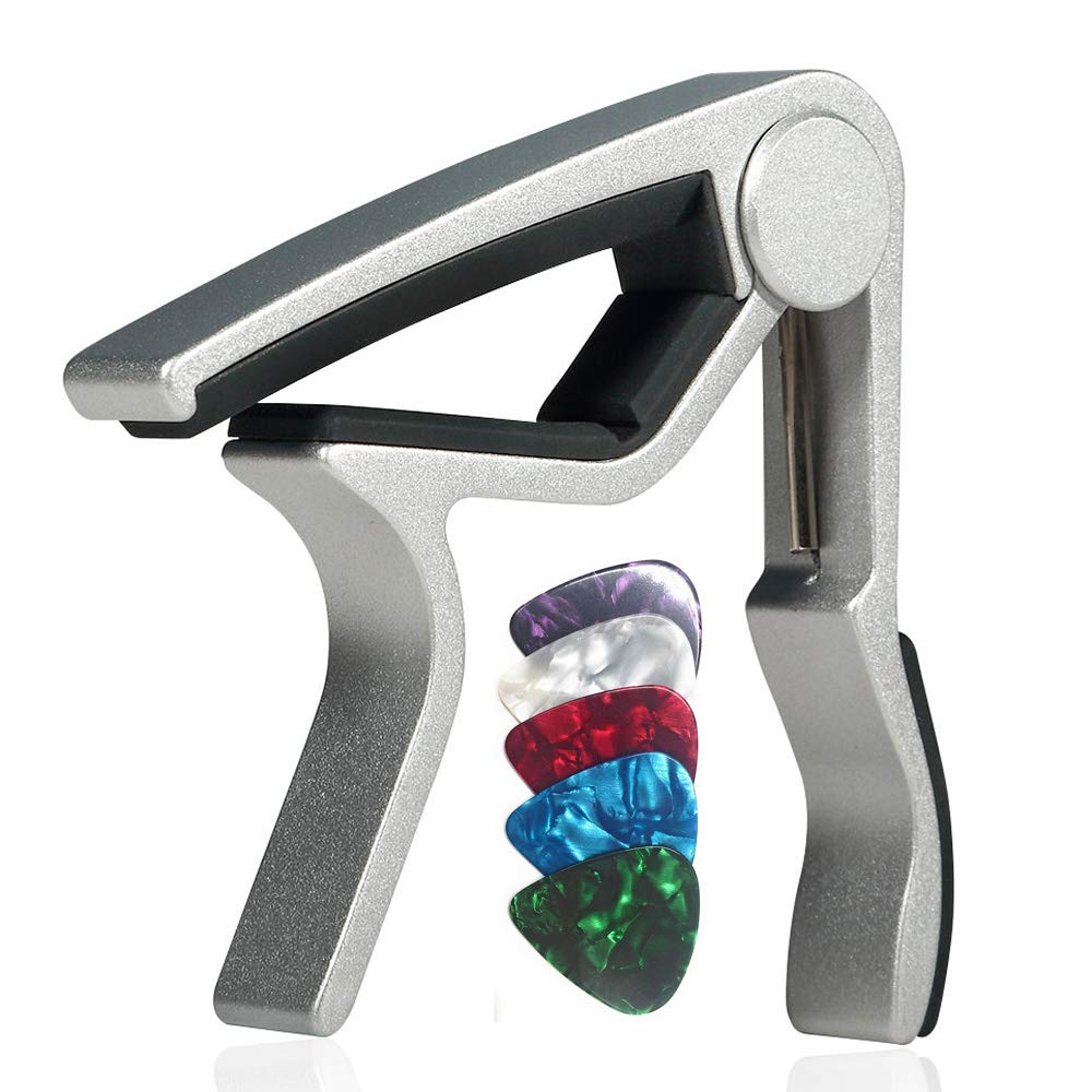 Guitar capo for 6 String Steel Acoustic and Electric Guitars with 5 Picks for Free,Silver