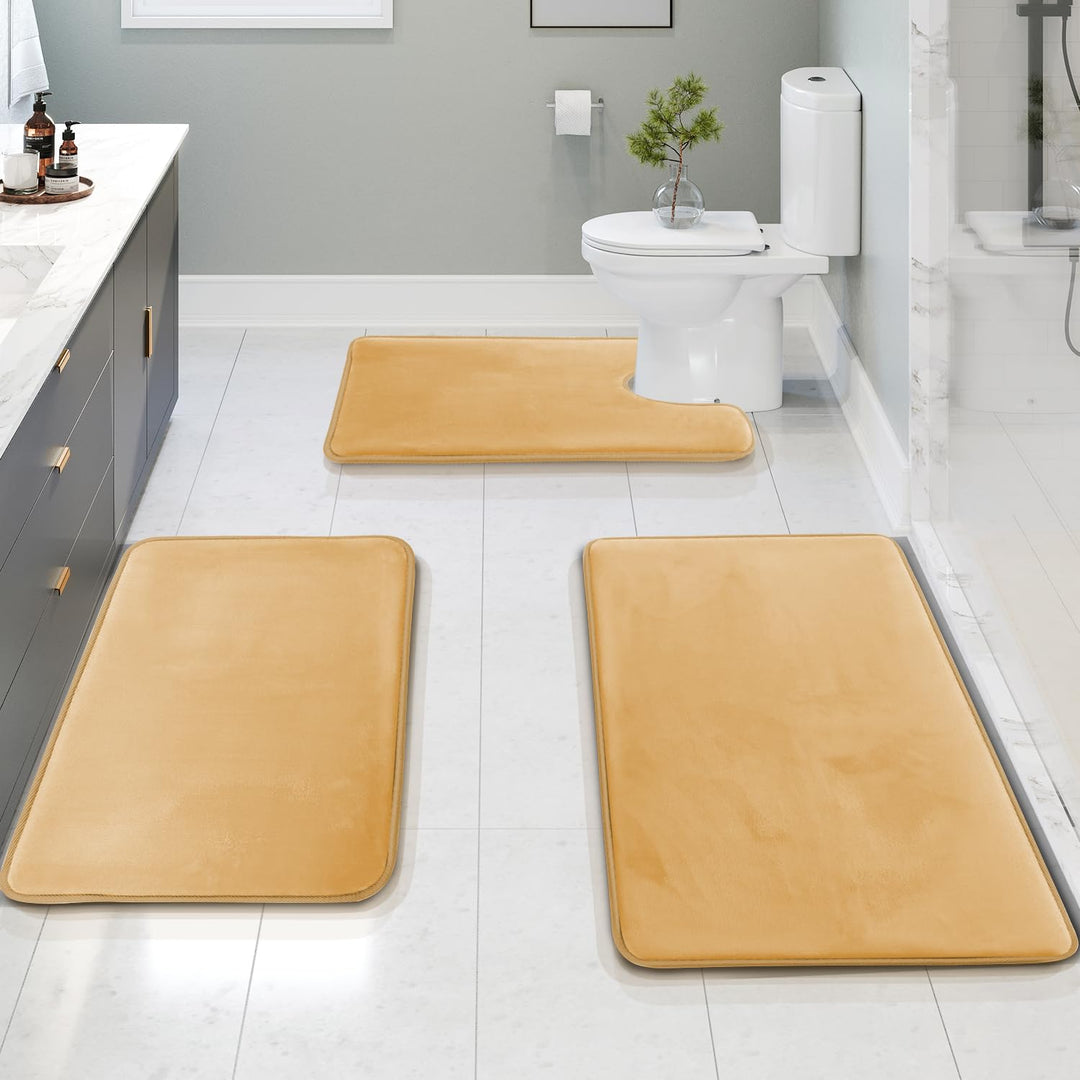3 Piece Bathroom Rugs Bath Mat Set, Velvet Memory Foam Bath Mats for Bathroom - Non-Slip, PVC Backing Bath Rugs, Washable Bathroom Rug Mats - Dries Quickly, Beige Bathroom Rug Set