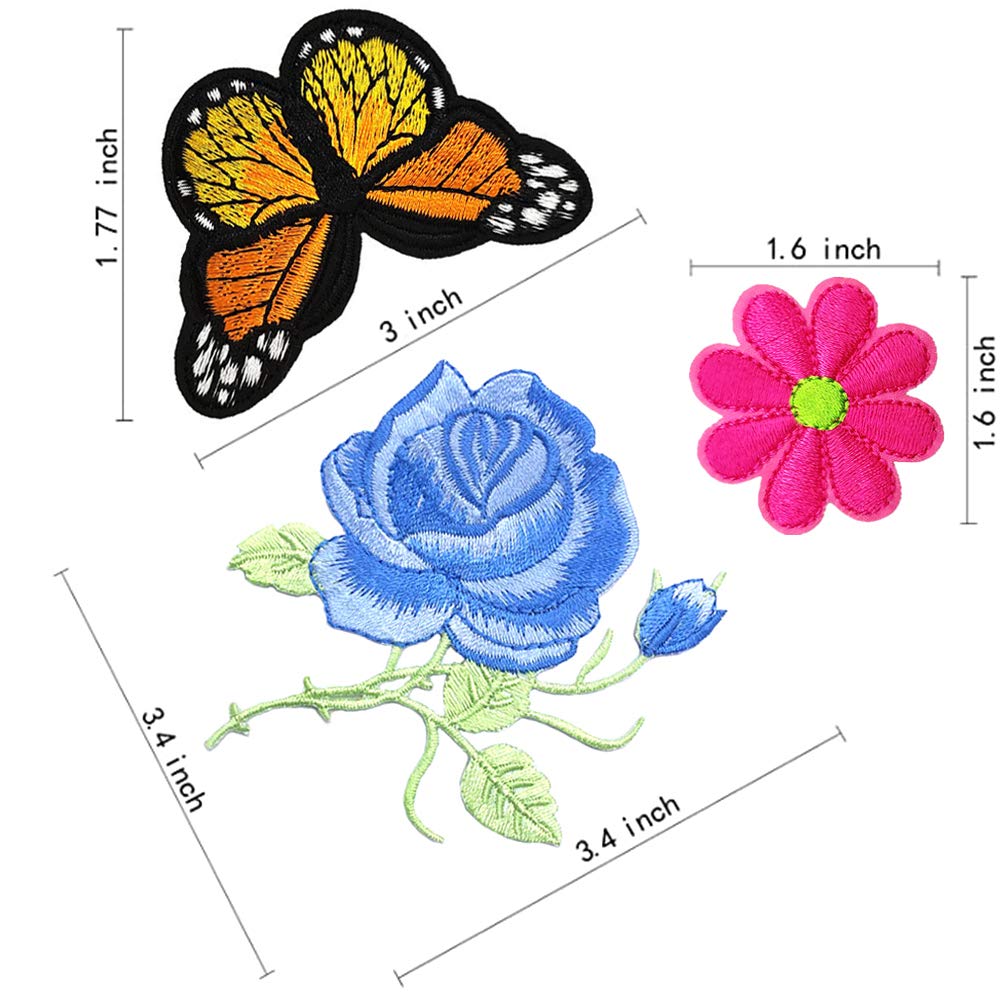 Butterfly Patches Flower Embroidery Patch Sunflower Iron On Patches Rose Applique Patches Sew On Badges Logo Repair Decorative Patches for Clothes Jeans Clothing Jackets Bags Shoes Hats (16 Pcs)